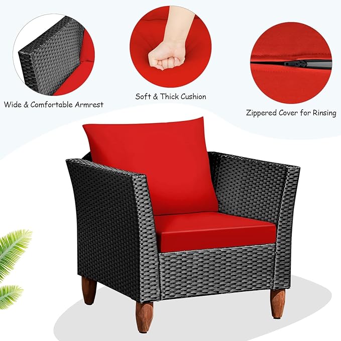 COSTWAY 3 Pieces Patio Rattan Furniture Set, Outdoor Wicker Conversation Chairs Set with Acacia Wood Coffee Table & Washable Cushion, Porch Furniture Bistro Set for Balcony, Garden, Backyard, Red