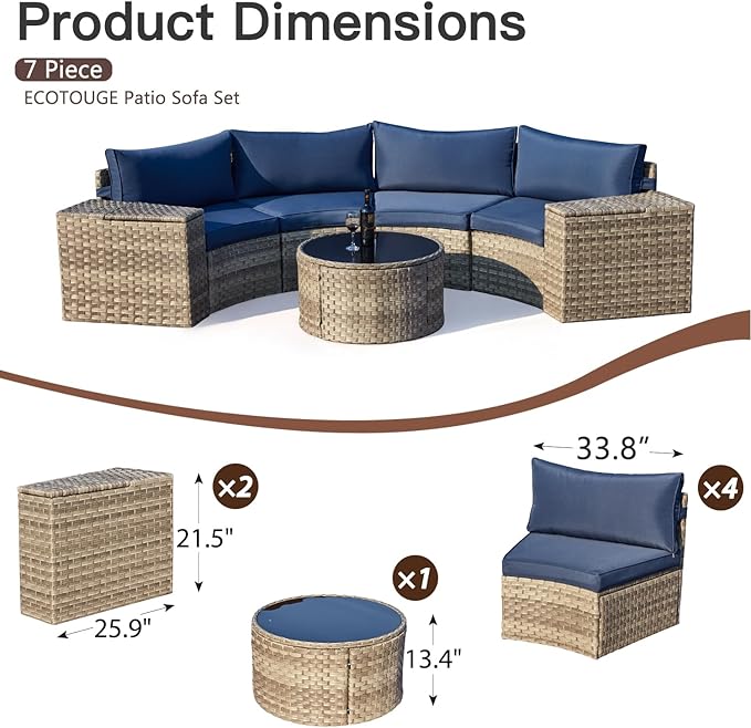 ECOTOUGE Half Moon Patio Furniture Set, 7-Piece All-Weather Wicker Curved Sofa Set, Half Moon Outdoor Couch with High Backs, Fit for Pool Backyard Balcony Garden(Blue)