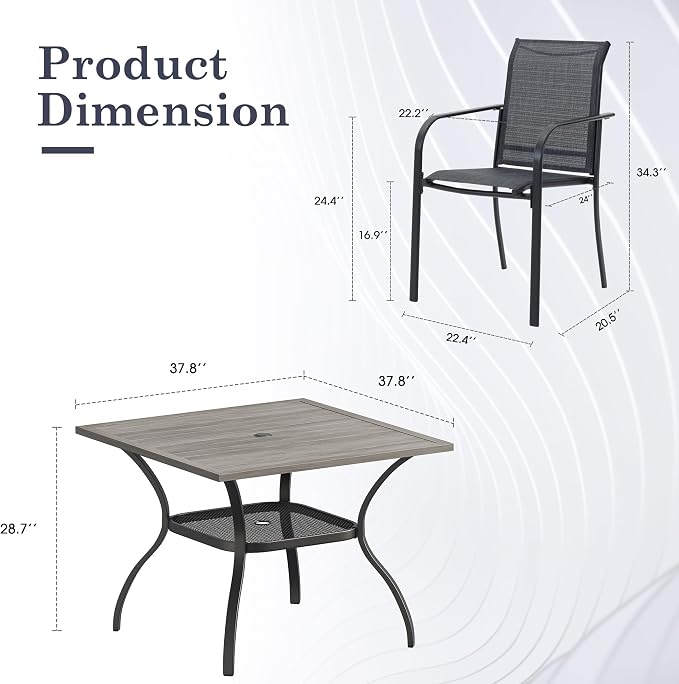5 Pieces Outdoor Dining Set, Stackable Textilene Paito Chairs & 37.8" Square Dining Table with Umbrella Hole and Shelf, Patio Dining Set for Backyard, Deck, Garden, Grey
