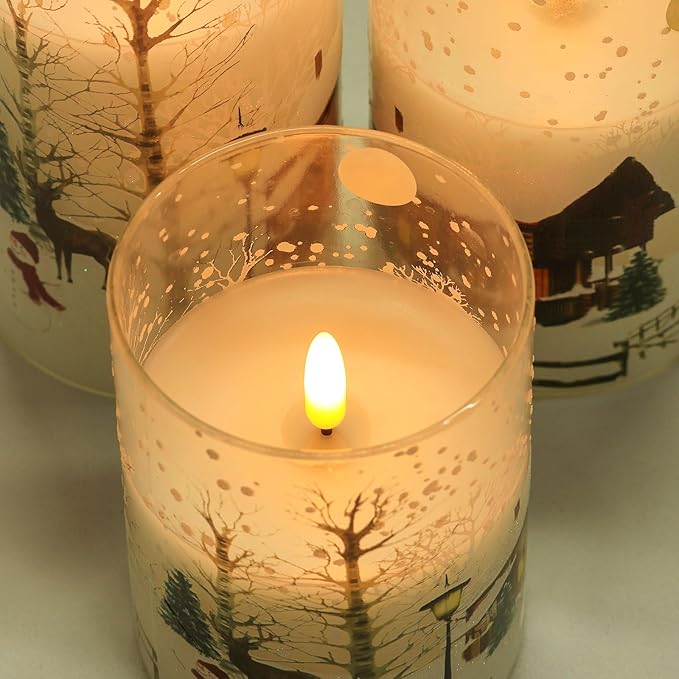 Christmas Flickering Flameless Candles with Remote, 3D Wick Battery Operated Candles, Real Wax in Glass LED Candles for Holiday Festival, Home, Gift