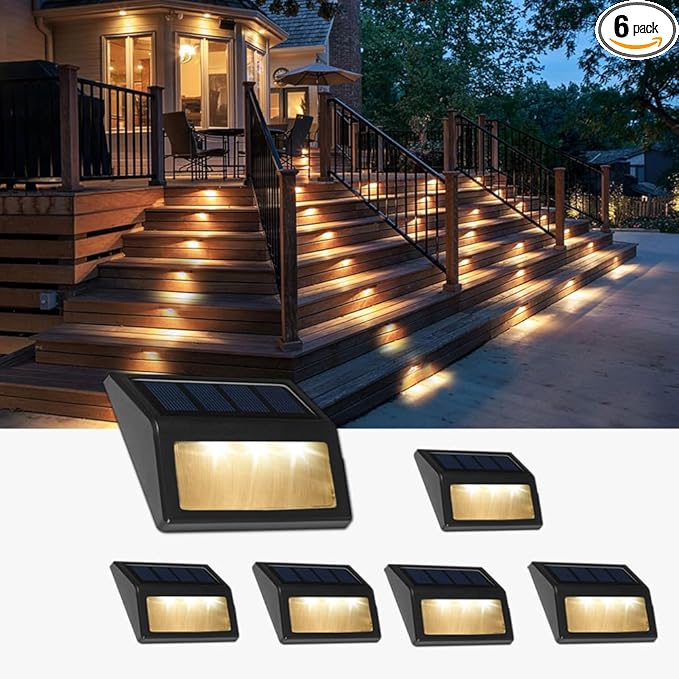 Solar Lights Outdoor, Waterproof Solar Powered Deck Step Lights for Patio Garden Backyard Garage Driveway Pathway Outside Wall Lighting (Warm White, 6-Pack)