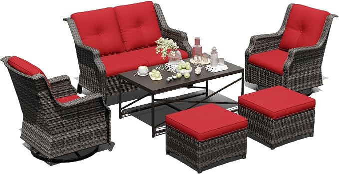 Outdoor Patio Furniture Set, 6 Piece Wicker Patio Furniture with Thick Cushions, Curved Armrest, Deep Seating, Outdoor Swivel Rocker Chairs for Porch, Deck, Balcony