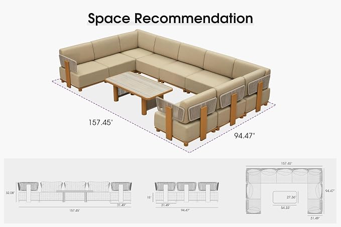 PURPLE LEAF Patio Furniture Set Modular U-Shaped Outdoor Sectional Sofa with 11" Thick Olefin Cushion 10-Piece Outdoor Conversation Set with Coffee Lights & Table for Backyard Garden Poolside, Beige