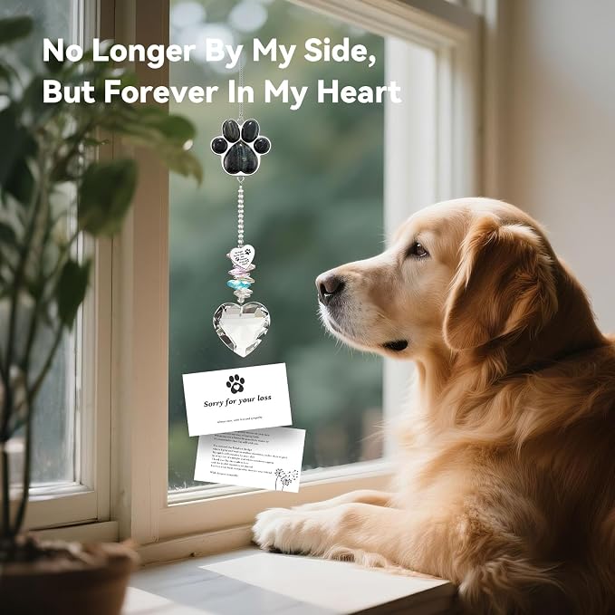 Dog Memorial Gifts, Pet Memorial Suncatcher, Loss of Dog Sympathy Gift | Thoughtful Dogs and Cats Bereavement Remembrance Gifts, Natural Cat's Eye Stone Paw Crystal Suncatcher
