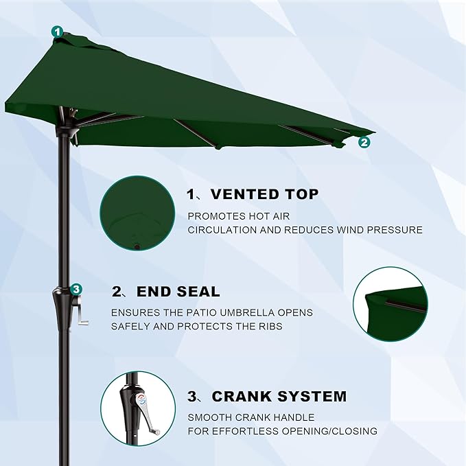 AreShark 9FT Half Patio Umbrella, Outdoor Wall Umbrella with Crank & 5 Sturdy Ribs, Table 1/2 Umbrella Patio for Garden, Deck, Balcony and Pool, Dark Green