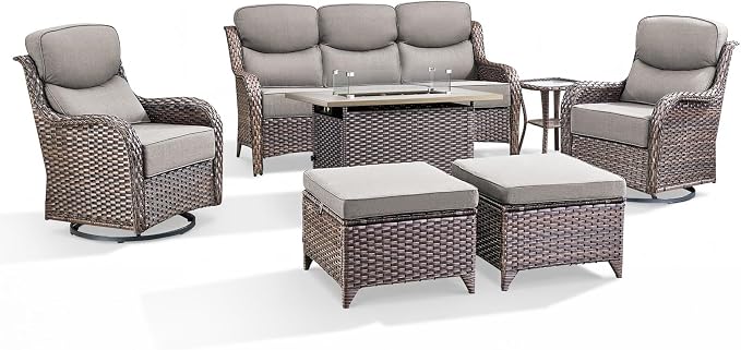 Luxury Patio Furniture Set with 6-inch Thick Cushion, Outdoor Furniture with Fire Pit Table, Swivel Chairs, Sofa, Side Table, Ottomans, 7pcs Wicker Conversation Set(Brown Wicker/Grey Cushion)