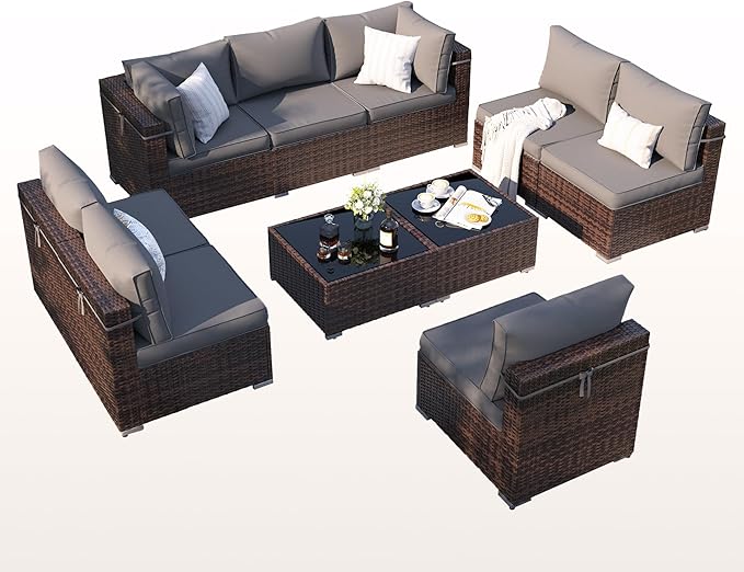 Patio Furniture Set, 10-Piece Outdoor Sectional with Waterproof Cover, All-Weather Wicker Patio Conversation Sets for Backyard (Brown with Grey Cushion)