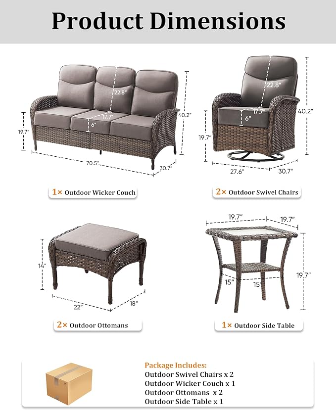 6-Piece Luxury Patio Furniture Set with 6-Inch Thick Cushions, High-Back Outdoor Swivel Rocker Chairs and Table, All-Weather Conversation Set for Porch, Deck, Balcony or Backyard – Gray