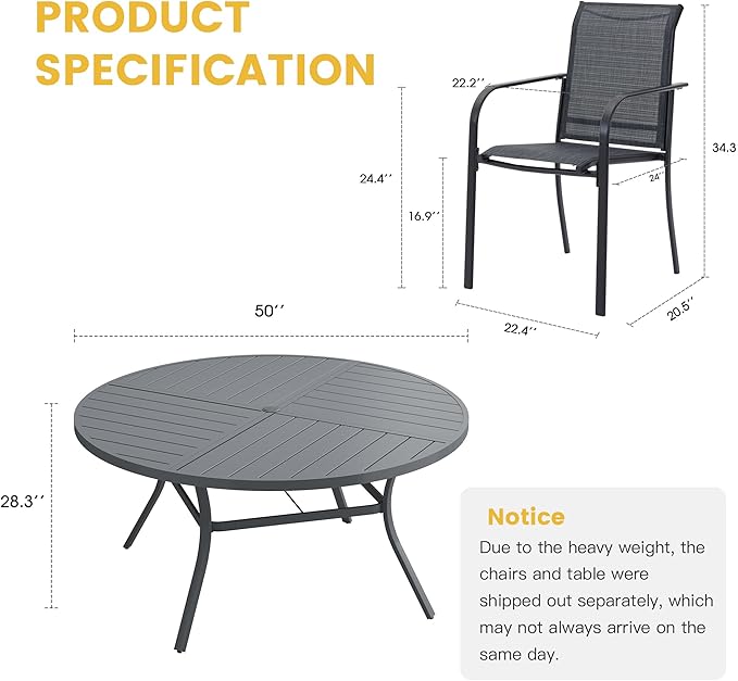 VICLLAX Patio Table and Chair Set of 6, All Weather Metal Round Outdoor Dining Furniture Set-50 Round Outdoor Table and Chairs, Grey Tabletop
