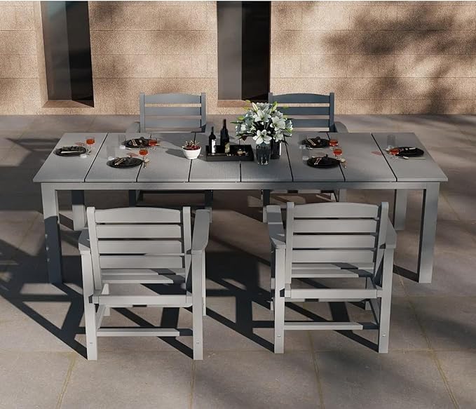 5-Piece Grey Outdoor Dining Set for 4, 75.2'' HDPE Table with Umbrella Hole & Chairs, Weather-Resistant Patio Furniture for Garden, Lawn, or Poolside