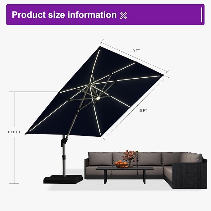 PURPLE LEAF 10 Feet Patio Umbrella with Lights Outdoor Square Cantilever Umbrella Solar Powered LED with 360-degree Rotation for Garden Deck Pool Patio,Navy Blue