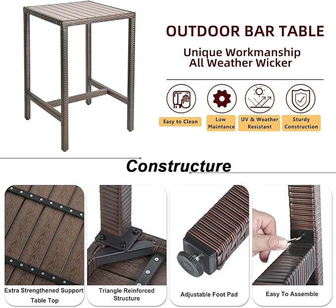 Outdoor Bar Table Patio Bar Height Bistro Table 39" Tall Outdoor High Top Square Pub Patio Table Wicker Rattan Metal Dinning Bar Table with Adjustable Feet for Balcony Outside Pool Deck Backyard Brown