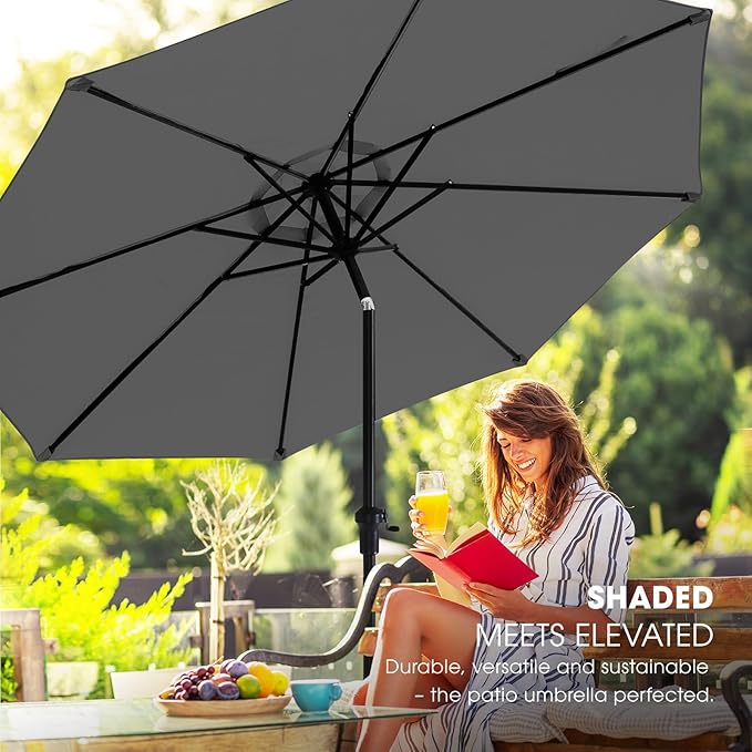 wikiwiki 9FT Patio Umbrella with Base, Outdoor Umbrellas with Base Included, 8 Sturdy Ribs, Waterproof Fade Resistant POLYESTER DTY Canopy for Deck, Lawn, Garden, Backyard & Pool, Dark Gray
