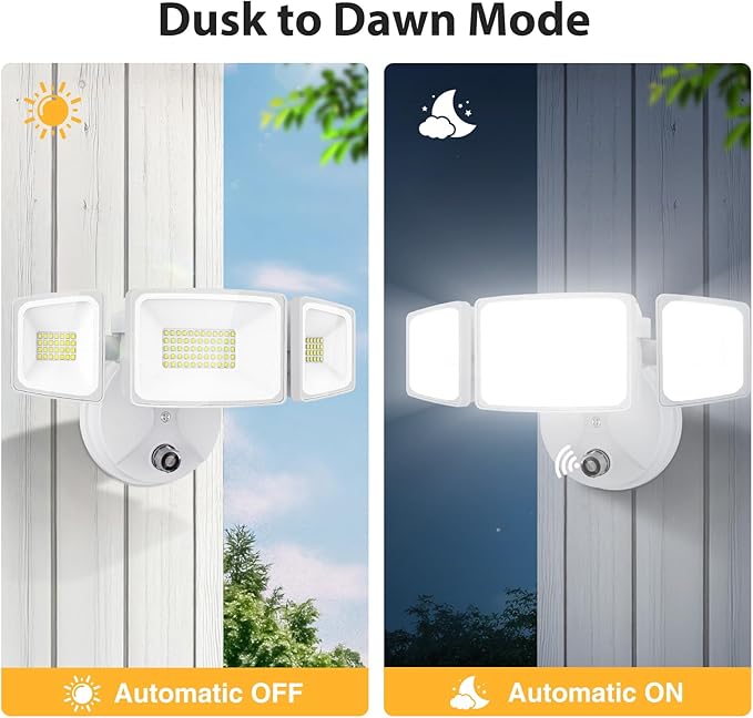 Onforu 70W LED Dusk to Dawn Flood Lights, 7000LM White Exterior Security Outdoor Lighting,IP65 Waterproof Outdoor 3 Adjustable Heads Photocell Light Fixture,6500K Floodlight for Garage,Patio,Yard