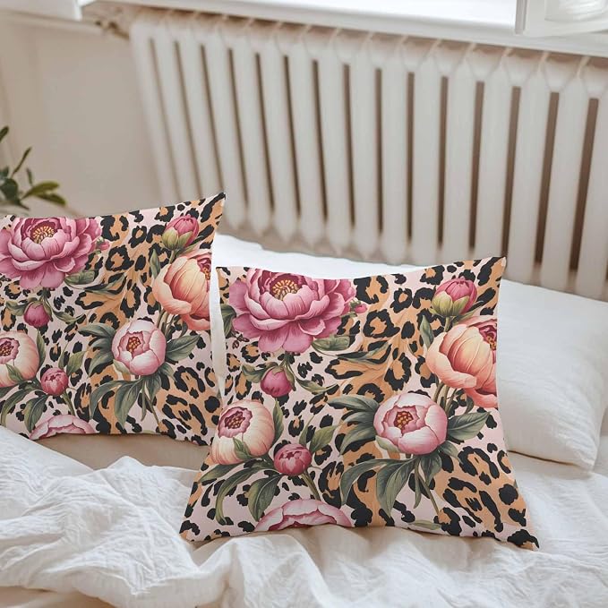 Vandarllin Outdoor Throw Pillows Covers 24x24 inch Set of 2 Waterproof Leopard Print Decorative Zippered Cushion Covers for Patio Furniture, Pink Floral Retro Animal Skin Lumbar Pillowcases