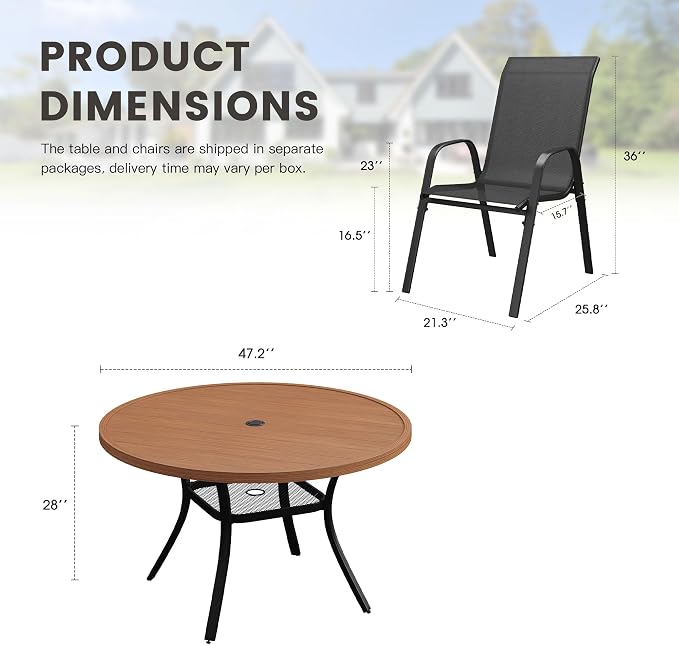 7 Pieces Outdoor Dining Set, 47.2" Round Table with Umbrella Hole & Stackable Patio Dining Chairs, Patio Table and Chairs Set for Deck Garden Porch, Black Chairs & Walnut Table
