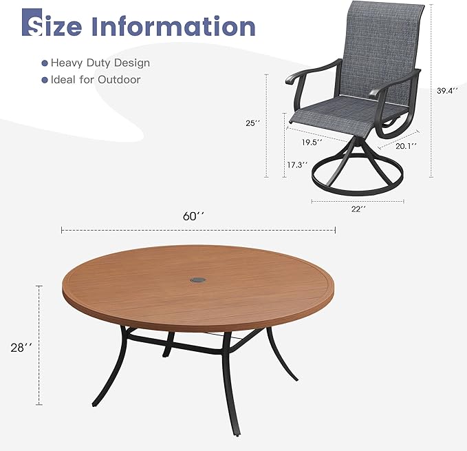 VICLLAX 9 Pieces Outdoor Dining Set, Patio Furniture Set of 8 Patio Swivel Dining Chairs and 60" Patio Round Table, Dark Charcoal Chairs & Walnut Tabletop