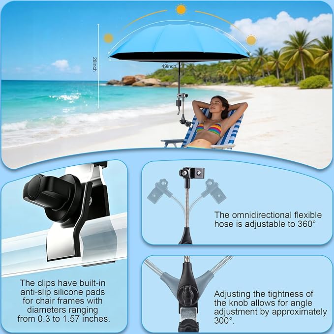 Patio Umbrellas 360 ° Adjustable Beach Chair Umbrella with Clamp UPF 50+ Clip On Chair Umbrella Sun Shade for Outdoor Beach, Patio, Wheelchair, Camping Chairs and Golf Carts