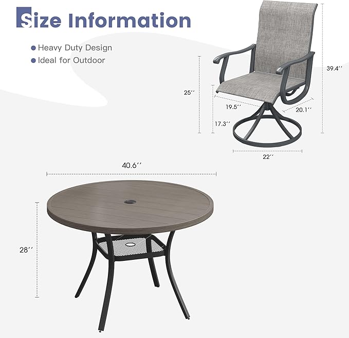 VICLLAX 5 Pieces Outdoor Dining Set, Patio Furniture Set of 4 Patio Swivel Dining Chairs and 41" Patio Round Table with Storage Shelf, Grey Chairs & Antique Grey Tabletop