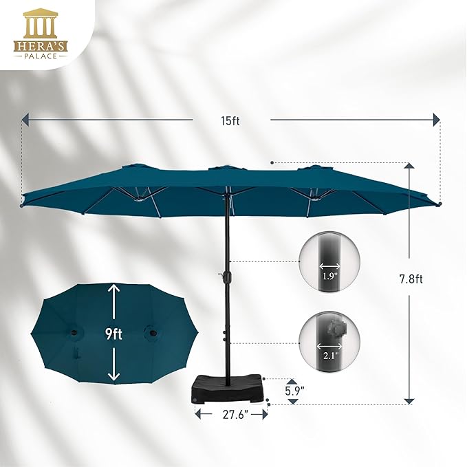 HERA'S PALACE Umbrella Patio Outdoor with Base 15ft Rectangle Table Double Market Umbrellas Clearance Large Included Stand for Deck Outside Pool Picnic Inground Yard Commercial (Cerulean)