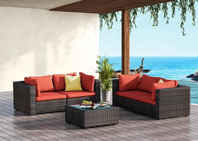 Patio Furniture Set 5 Piece All Weather PE Rattan Outdoor Sectional Sofa Couch with 4 x arm Sofa, No-Slip Cushions and Glass Top Table for Garden, Poolside, Backyard (Red)