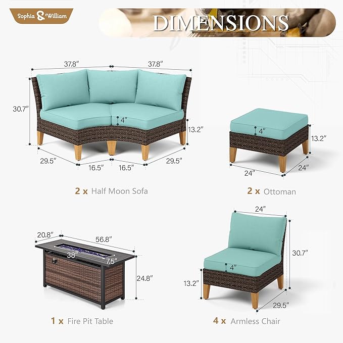 Sophia & William Patio Furniture Set with Fire Pit Table, 11 Piece Half Moon Outdoor Wicker Sectional Sofa Set, Rattan Conversation Set with 56-Inch Fire Pit Table & Ottoman (Aqua Blue)