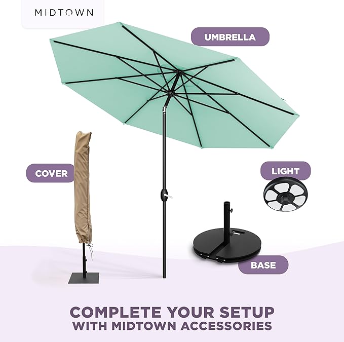 Midtown Umbrellas - The Lean 8 Ft Patio Umbrella with Fade-Resistant Sunbrella Fabric, Auto-Tilt Aluminum Frame and 8 Reinforced Ribs for Deck, Pool & Garden - Canvas Glacier Canopy, Black Pole