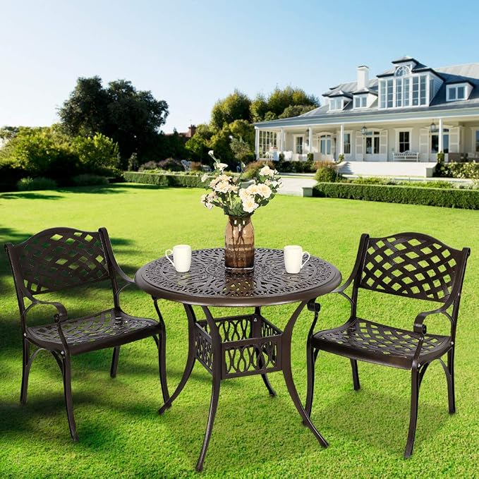 YUSING 35.4" Outdoor Dining Table,Patio Cast Aluminum Table,Furniture Set,Bistro Round Table with 2" Umbrella Hole for Kitchen,Garden,Yard