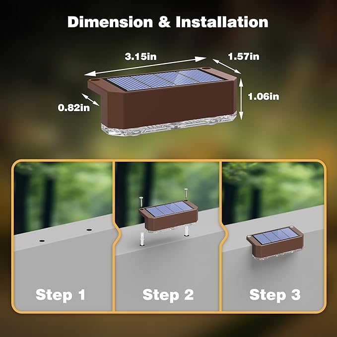 Peasur Solar Fence Lights Outdoor, 12 Pack Step Light Solar Powered, Waterproof LED Deck Lights for Stairs Railing Yard Patio Outside Warm White-Brown