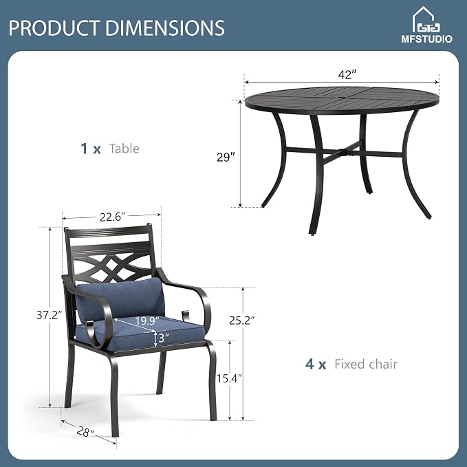 MFSTUDIO 7-Piece Patio Dining Set, 54" Round Metal Table, Swivel Chairs | Mixed Swivel and Fixed Chairs, Umbrella Hole, Blue