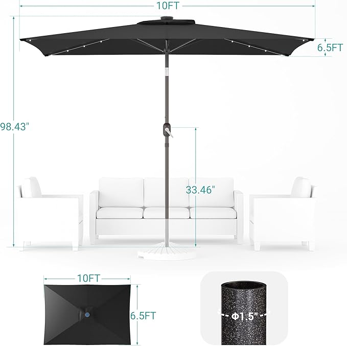 Rectangle Patio Umbrella with Solar Lights, 10 x 6.5ft Rectangular Outdoor Umbrella Table Market Patio Umbrella with Push Button Tilt and Crank for Garden, Deck, Backyard, Pool