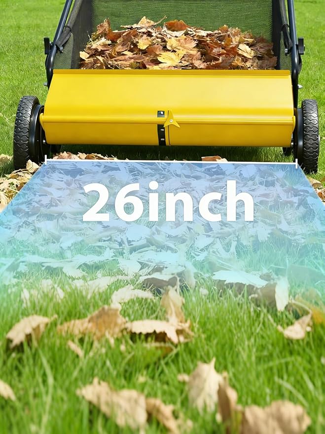 GarveeLife Push Lawn Sweeper, 26 Inch Extra-Wide 4-Brush System, 7 cu.ft. Mesh Bag, Heavy Duty Steel Frame, Height-Adjustable Yard & Garden Cleaner for Leaves and Grass, Yellow