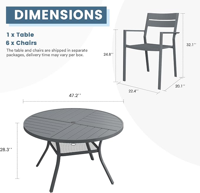 DIFY 7 Piece Outdoor Patio Dining Set for 6, 47.2" Round Dining Table with Umbrella Hole and Stackable Metal Chairs, Patio Table and Chairs Set for Backyard Garden Poolside, Grey