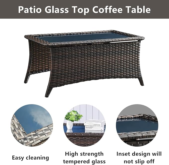 Belord Wicker Outdoor Furniture Patio Furniture Set - 6 Piece Patio Conversation Set with Swivel Rocker Chairs, Rattan Sofa, Ottomans and Coffee Table, Blue Cushion