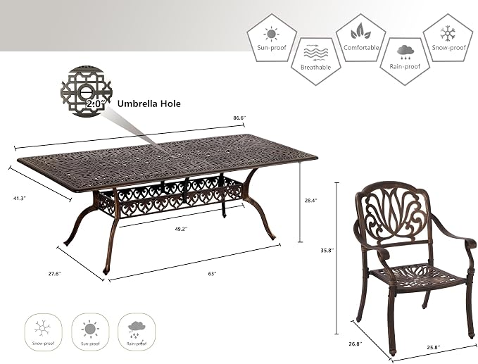 Grepatio 9 Piece Cast Aluminum Patio Furniture Set Outdoor Dining Set Bistro Furniture Set with 8 Armchairs and Dining Table, 8 Cushions for Backyard Garden Poolside (Without Cushion)