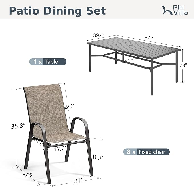 PHI VILLA 9 Piece Patio Table and Chairs Set for 8 Person, Large Metal Slat Rectangle Table and Stackable Patio Chairs with Textilene Mesh Fabric, All Weather Patio Furniture Set for Deck Lawn Garden