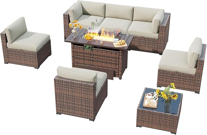 LazySunsets 8 Piece Outdoor Patio Furniture Set with 44'' Fire Pit Table, Outdoor Patio Furniture Set with Waterproof Cover, Wicker Rattan Outdoor Conversation Set for Backyard & Garden, Beige