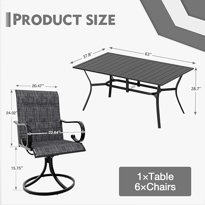 MELLCOM 7 Pieces Outdoor Dining Set, 6 Swivel Rocker Chairs with High Back Textilene & Rectangular Metal Dining Table with Umbrella Hole, Patio Furniture Set for Porch, Grey