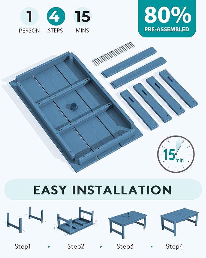 SERWALL HDPE Patio Coffee Table, Rectangle Outdoor Coffee Table, All-Weather Coffee Side Table for Balcony, Poolside, Deck, Garden, Blue