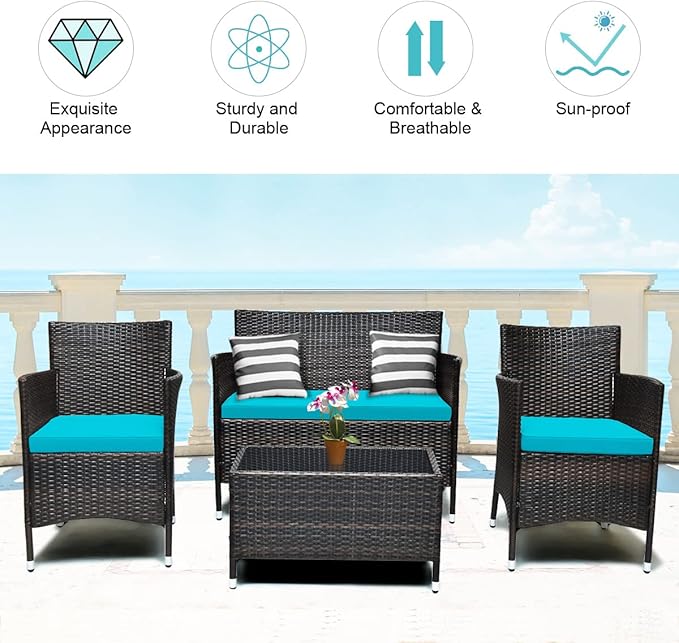 8 Pieces Patio Sofa Set, Wicker Conversation Set with Ergonomic Curved Backrest, Water-Resistant Cushion & Tempered Glass Table for Balcony, Porch (Turquoise)
