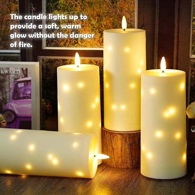 kakoya 10" x 4" Large Outdoor Waterproof Flickering Flameless Candles with Timer,4Pcs Battery Operated LED Pillar Candles with Embedded Star String for Outdoor Lanterns,Porch,Patio Decor(Ivory)