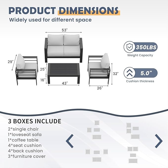 Amopatio Aluminum Patio Furniture, 5 Pcs Metal Modern Patio Furniture Set, Outdoor Sectional Sofa for Balcony, Garden (Included Waterproof Covers)