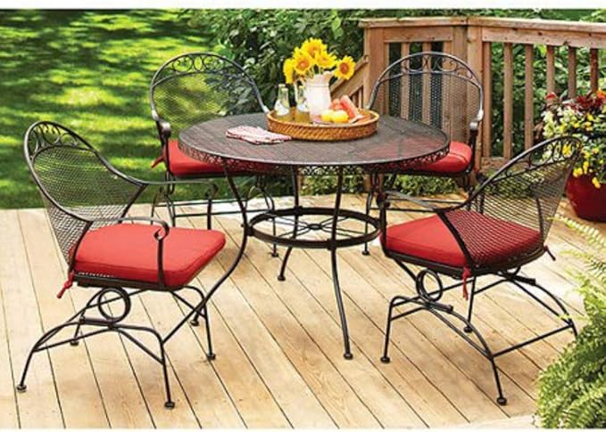 Better Homes and Gardens Clayton Court 5-piece Patio Dining Set, Wrought Iron Table and 4 Chairs, Red Cushions, Seats 4