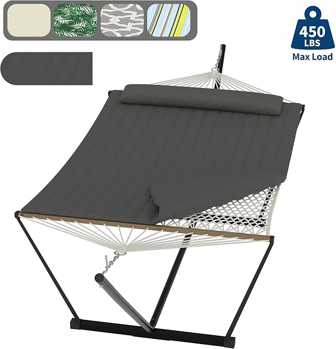 Double Hammock with Stand Curved-Bar Hammock, 450LBS Capacity, 2 Person Large Hammock, Indoor and Outdoor Hammock, Perfect for Backyard Patio Beach