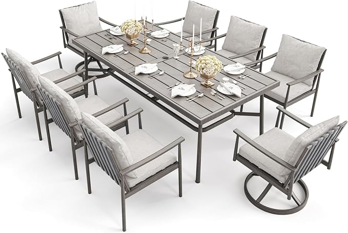 HAPPATIO 9-Piece Patio Table and Chairs Set for 8, Aluminum Outdoor Dining Set with Cushions, 6 Dining Chairs and 2 Swivel Chairs, 1 Large Rectangular Table with Umbrella Hole, Grey