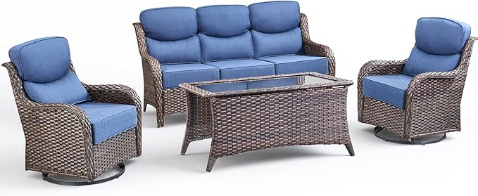Luxury 4 Pieces Patio Furniture Set-Outdoor Swivel Rocker Patio Chairs with 6" Extra Thick Cushions, High Back Outdoor Couch and Coffee Table, Wicker Conversation Sets for Porch Deck(Brown/Blue)