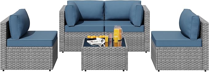 SUNLEI Outdoor Patio Furniture Set 5 Pcs, Rattan Balcony Furniture with Backrest Glass Table & Washable Cushions Small Conversation Patio Set with Sectional Design (Silver/Navy Blue)