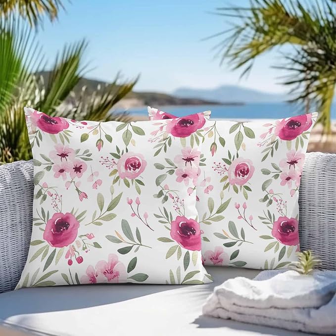 Vandarllin Outdoor Throw Pillows Covers 26x26 inch Set of 2 Waterproof Pink Flowers Decorative Zippered Cushion Covers for Patio Furniture, Floral Leaves Plant Lumbar Pillowcases