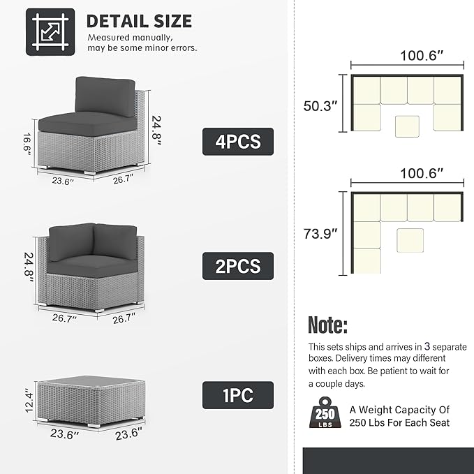 SUNCROWN 7-Piece Outdoor Patio Furniture Set All-Weather Outdoor Sectional Sofa Grey Wicker Conversation Sofa Set with Coffee Table and Cushions,Dark Grey