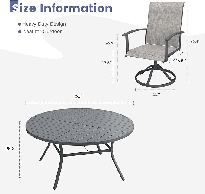 VICLLAX Outdoor Table and Chairs Set for 6, Patio Dining Set of 50" Metal Round Patio Table with Umbrella Hole & 6 Swivel Outdoor Dining Chairs for Backyard Lawn, Grey & Dark Grey